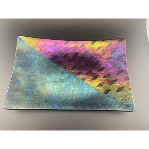 Kurt McVay 1986 Studio Art Glass Tray Iridescent Fused‎ Glass, Modern Geometric